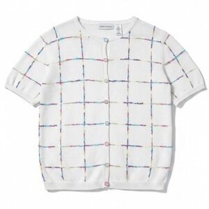 Alfred Dunner White Knit Cardigan, Women's Large Colorful Plaid Top Short Sleeve